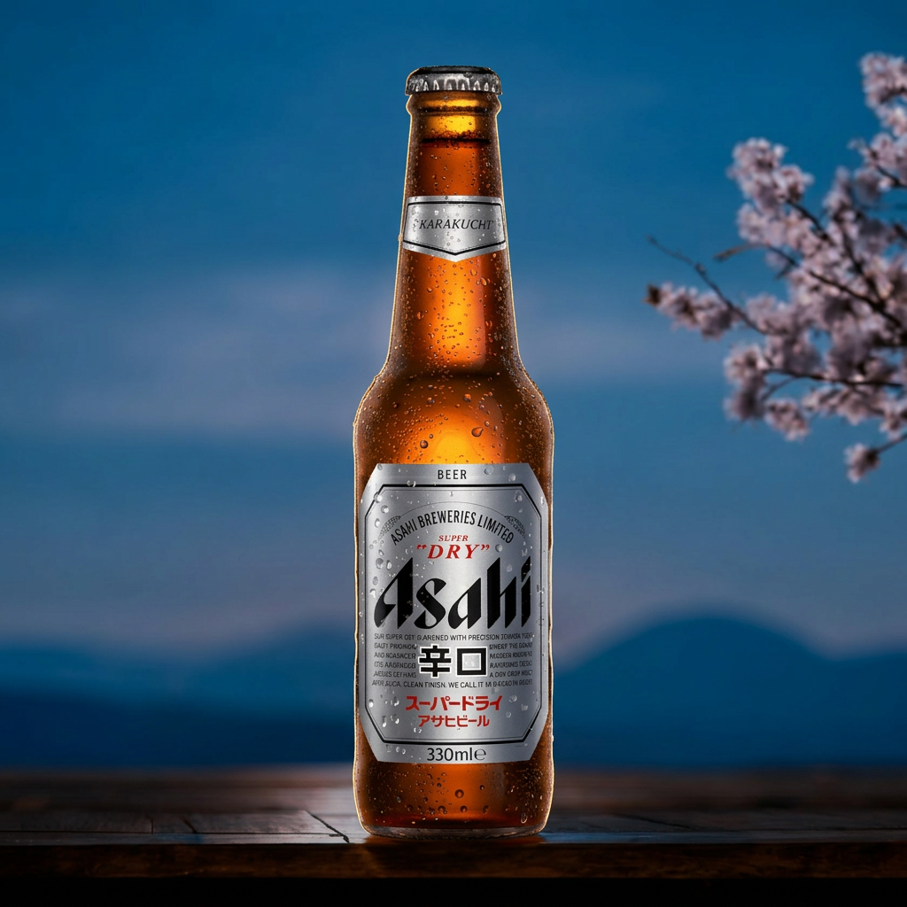 Asahi Super Dry Bierflasche mit Kirschblüten vor Abendhimmel